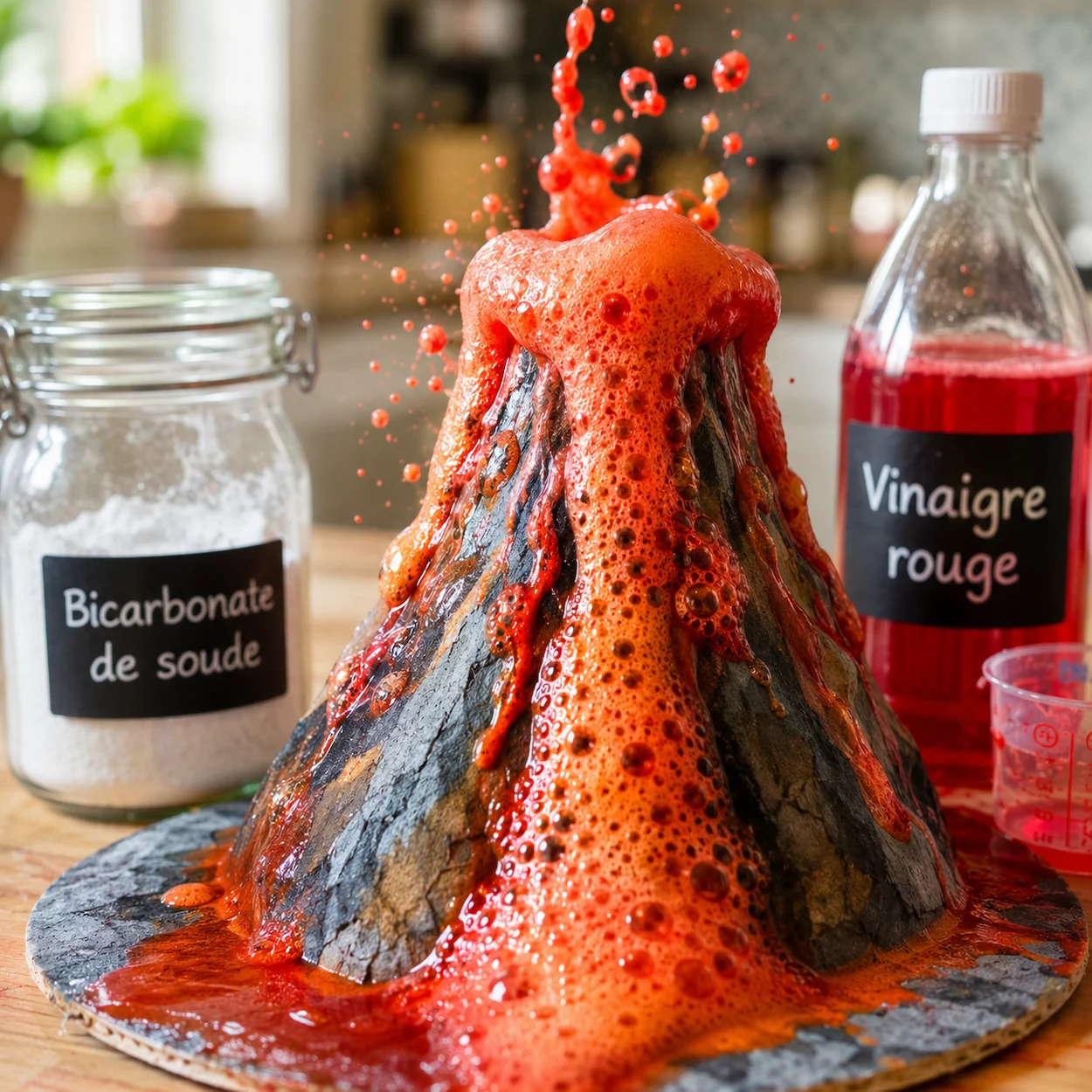 Volcan de bicarbonate de soude maison avec mousse rouge et orange débordant sur une table de cuisine — expérience de chimie acide-base pour enfants