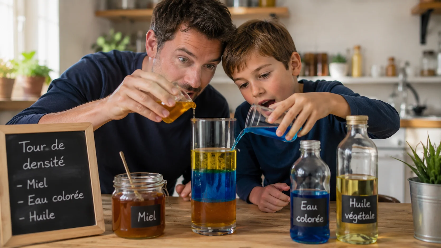 Père et enfant français observant fascinés les couches colorées se former dans un grand verre transparent lors de l'expérience de la tour de densité — miel, eau, huile