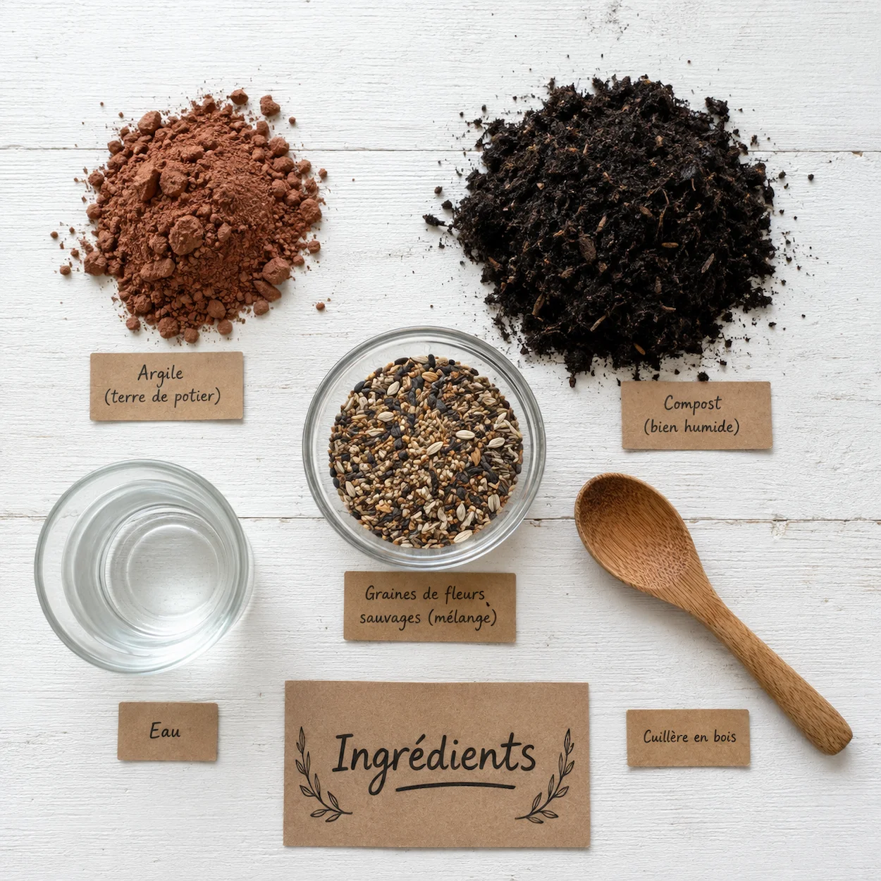 Étape 1 seed bombs — flat-lay des ingrédients sur table blanche : argile brune, compost, graines fleurs sauvages, verre d eau, cuillère bois, étiquette Ingrédients en français