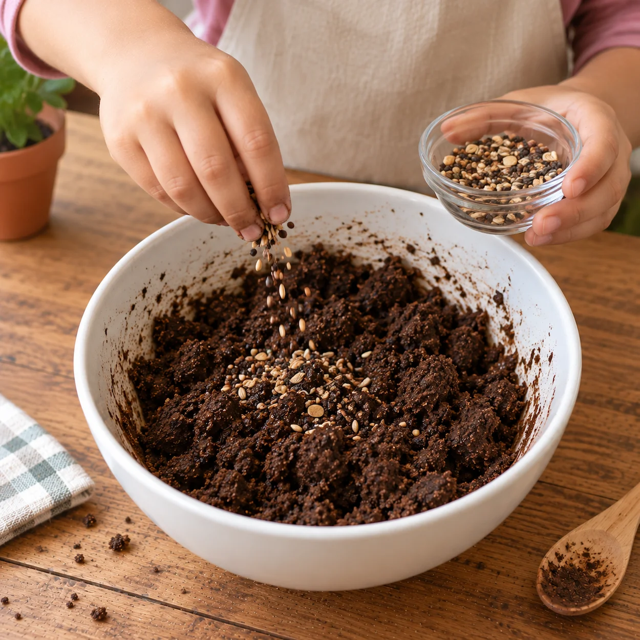Étape 4 seed bombs — mains d enfant ajoutant une pincée de graines de fleurs sauvages dans le bol de mélange brun, graines visibles en specks colorés