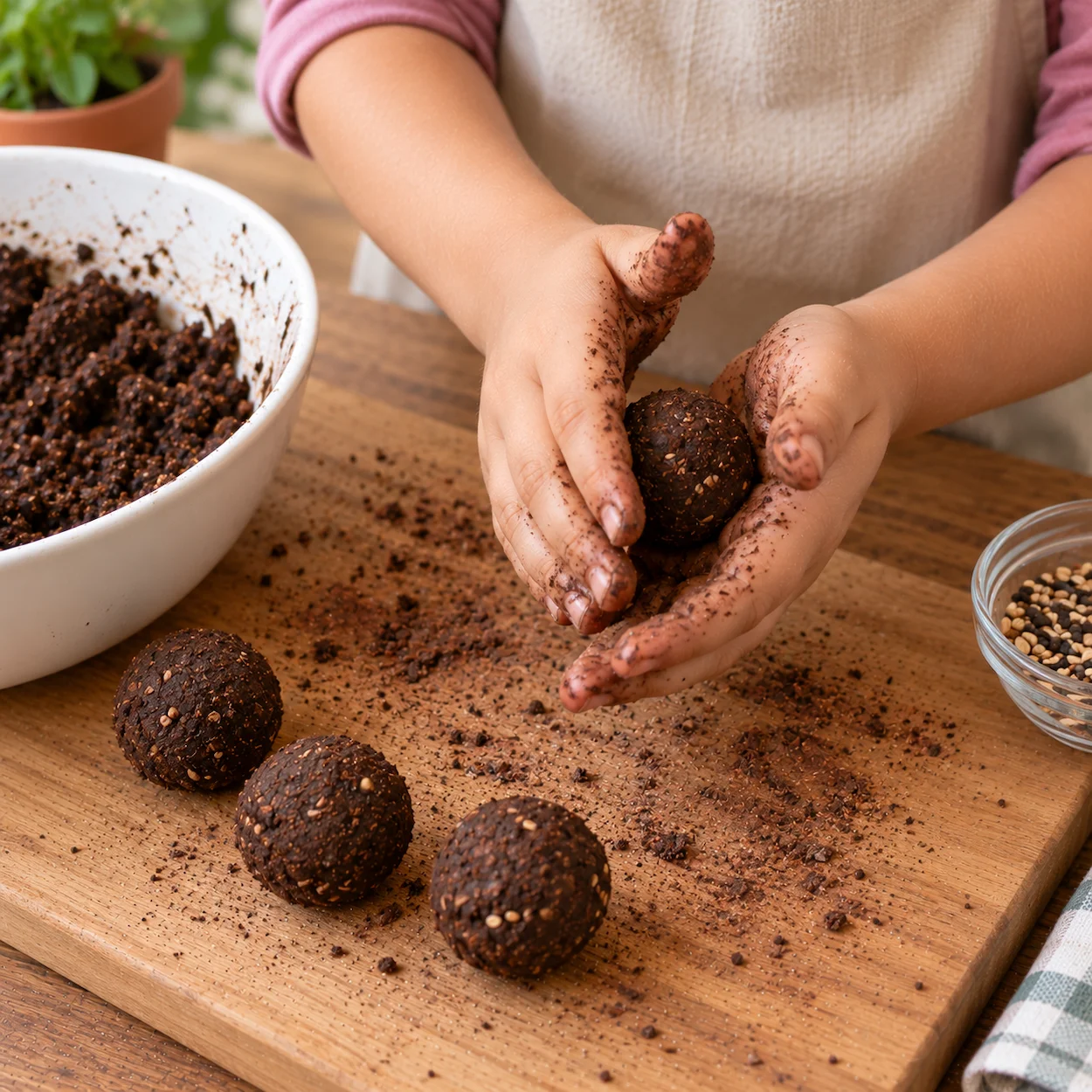 Étape 5 seed bombs — mains d enfant roulant une boule brune de pâte entre les paumes au-dessus d un plateau en bois, trois seed bombs déjà formées posées à côté