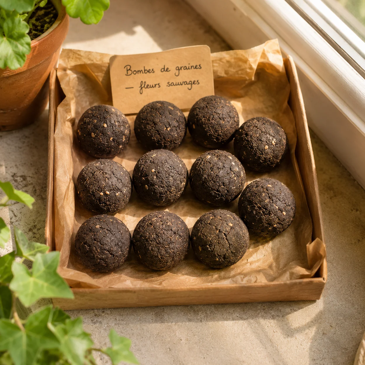 Étape 6 seed bombs — plateau de 10-12 bombes de graines brunes finies séchant sur rebord de fenêtre ensoleillé, étiquette française Bombes de graines — fleurs sauvages