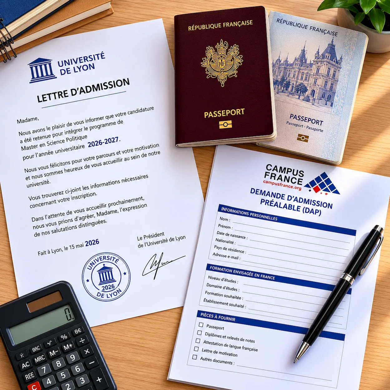 Gros plan sur un bureau avec une lettre d'admission universitaire en anglais, un passeport français, un formulaire Campus France et une calculatrice