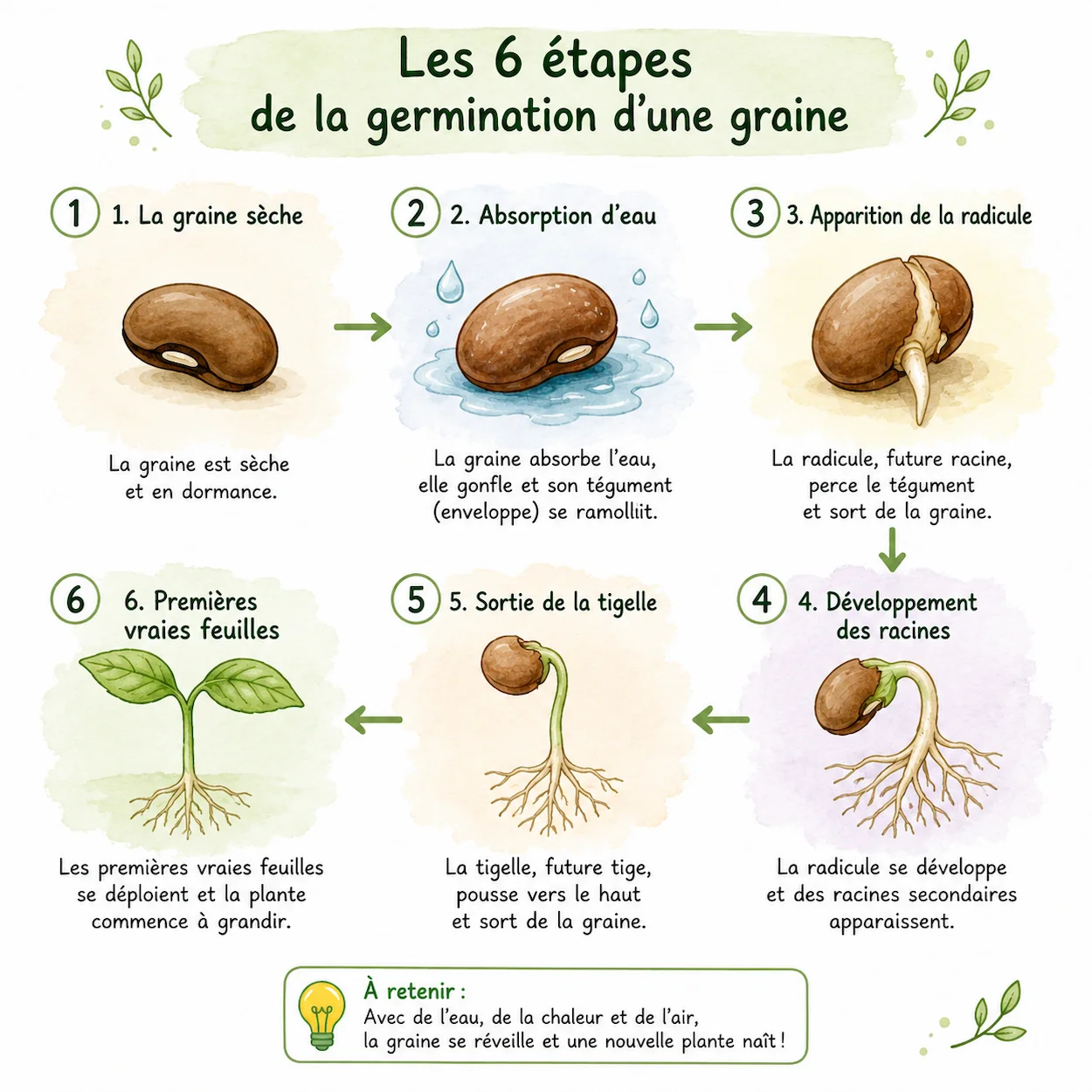 Schéma des 6 étapes de la germination d'une graine illustré en français : graine sèche, absorption d'eau, radicule, développement des racines, tigelle, premières feuilles