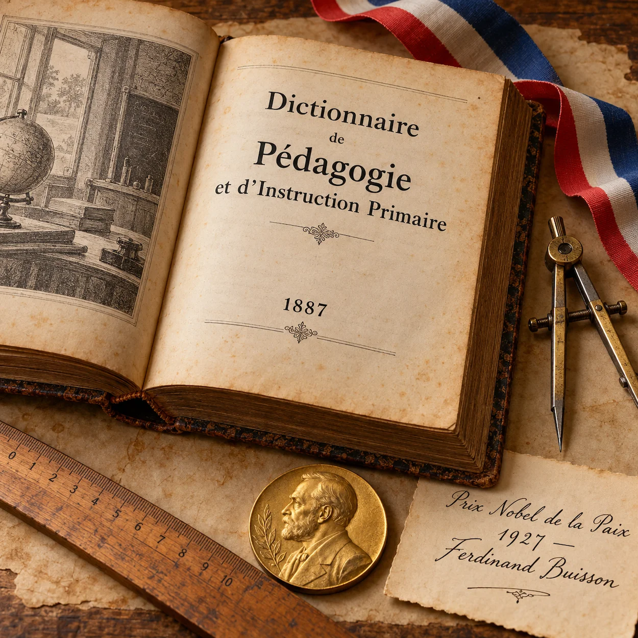 Flat-lay Dictionnaire de Pedagogie Buisson 1887 medaille Nobel de la Paix 1927 regle et note manuscrite