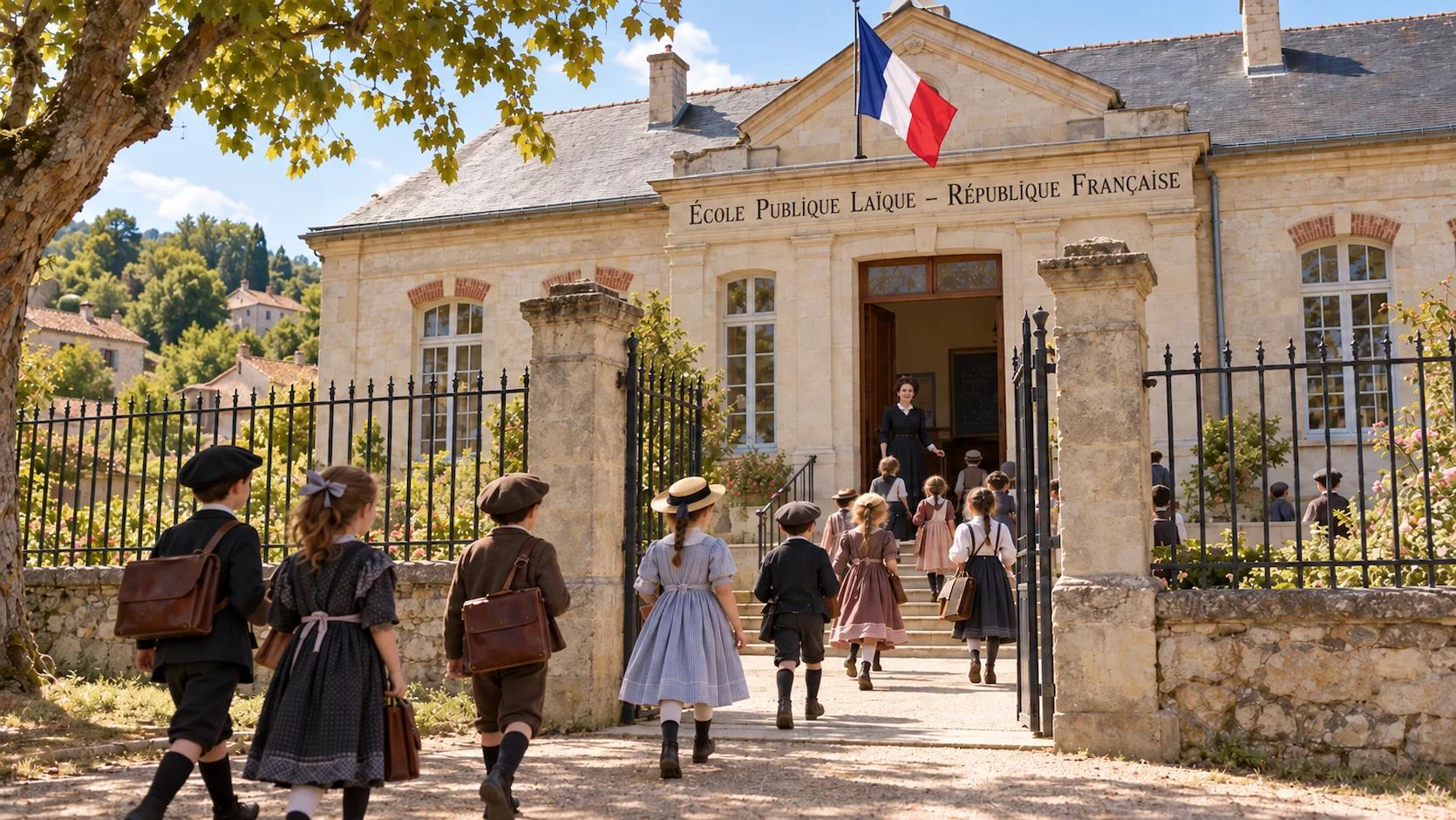 Ecole primaire publique laique de la IIIe Republique avec inscription Republique Francaise et drapeau tricolore