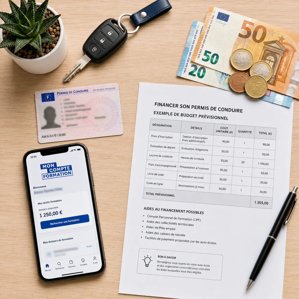 Flat-lay avec un permis de conduire, un smartphone montrant Mon Compte Formation, des euros et un document chiffré sur un bureau en bois