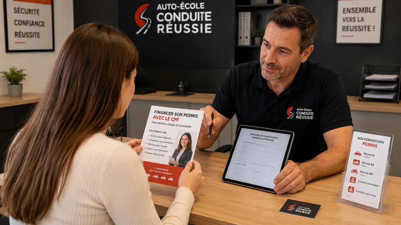 Jeune femme et conseiller d auto-école discutant d un document de financement sur une tablette dans un bureau moderne