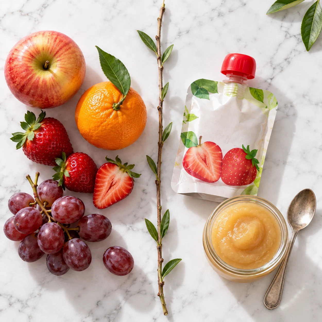 Comparaison côte à côte en flat-lay : fruits frais entiers (pomme, fraises, mandarine) à gauche, gourde de compote et pot de compote maison à droite