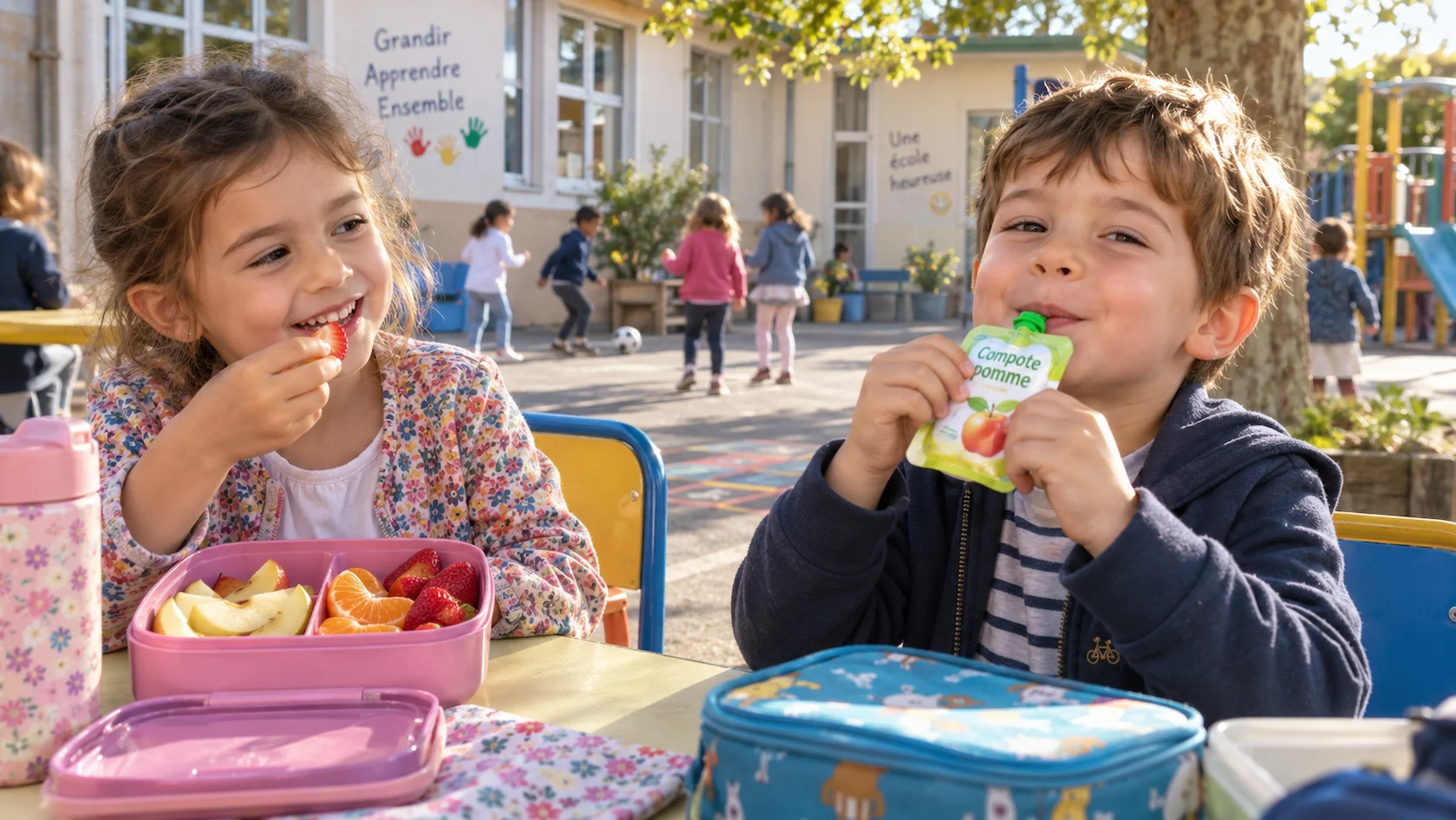 Deux enfants de primaire à la table du goûter : l'un mange des fruits frais dans une boîte, l'autre suce une gourde de compote — ambiance scolaire chaleureuse