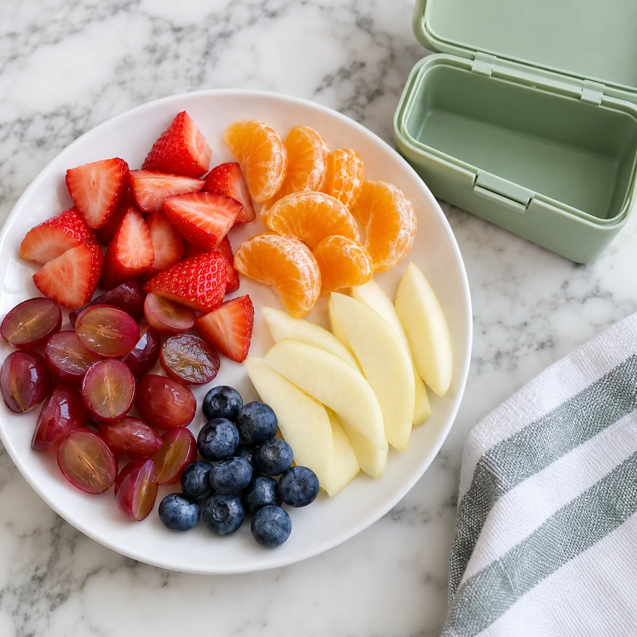 Assortiment de fruits préparés en bouchées sécurisées dans une boîte à goûter de maternelle : fraises, mandarines, raisins coupés, rondelles de banane et myrtilles