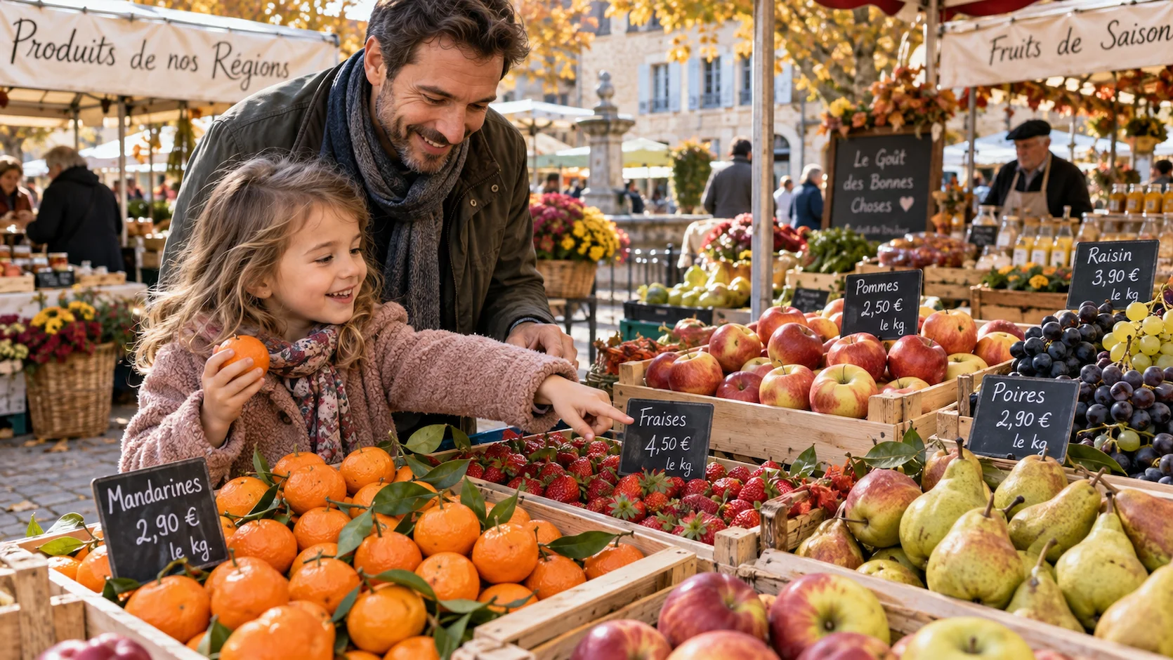 Père et sa fille de 5 ans choisissant des fruits de saison au marché en plein air : mandarines, pommes et raisins sur les étals colorés