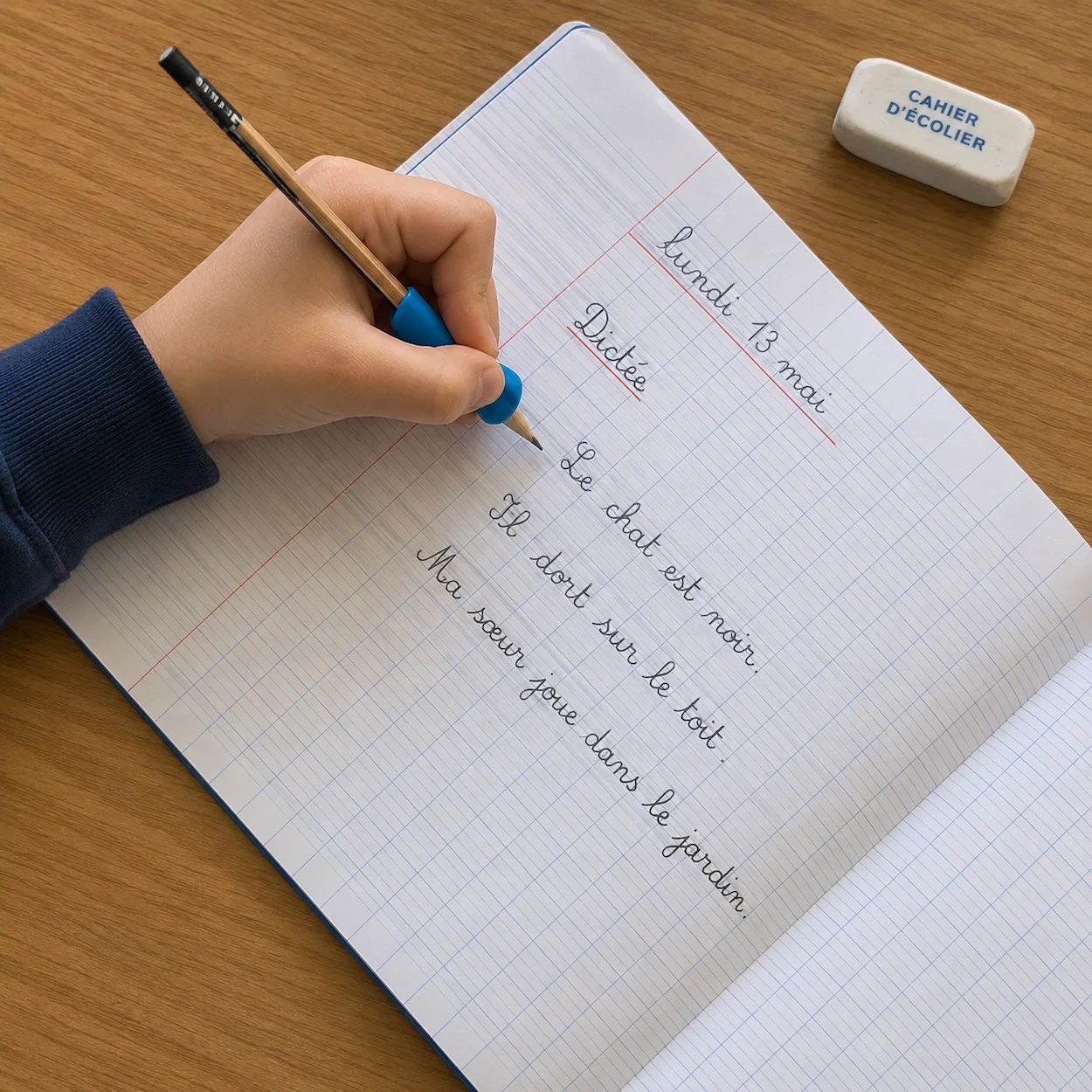 Gros plan sur la main gauche d'un enfant tenant un crayon avec un grip triangulaire sur un cahier Seyès incliné dans le sens horaire