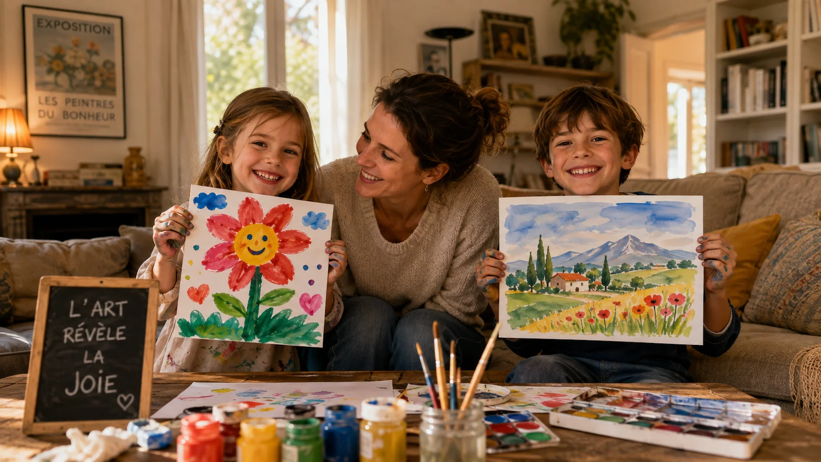 Mère française accroupie avec sa fille de 6 ans et son fils de 8 ans qui tiennent fièrement leurs peintures terminées — fleur en gouache et paysage en aquarelle — avec de la peinture sur les mains