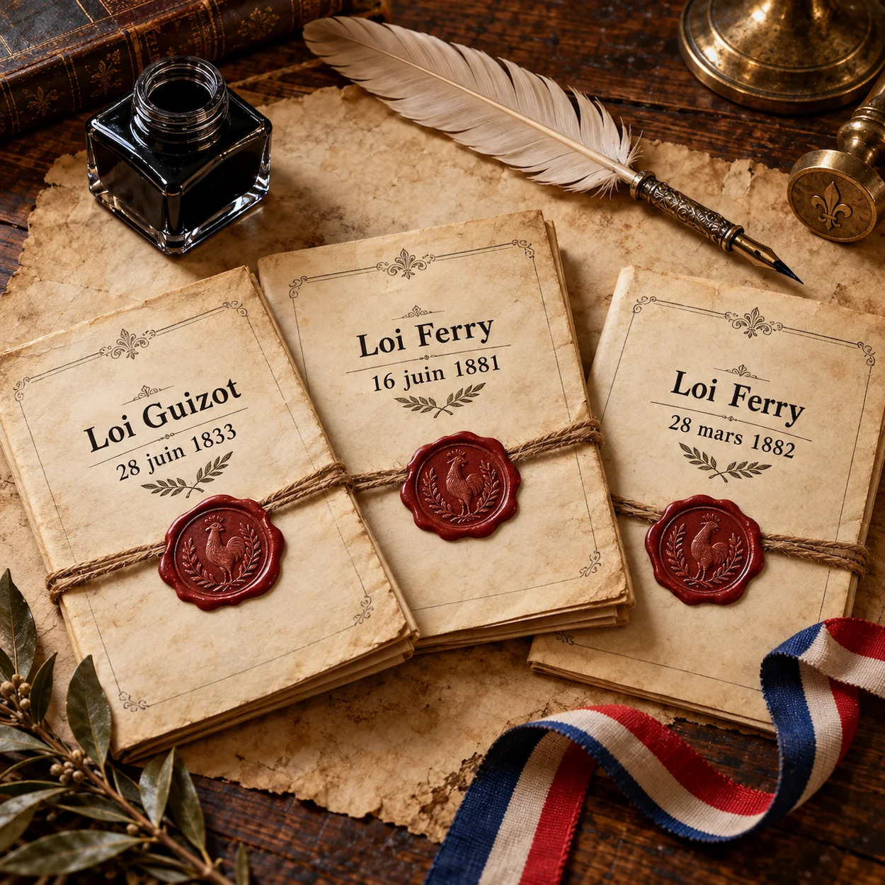 Flat-lay historique trois documents officiels loi Guizot 28 juin 1833 loi Ferry 16 juin 1881 loi Ferry 28 mars 1882 cachets cire plume encrier