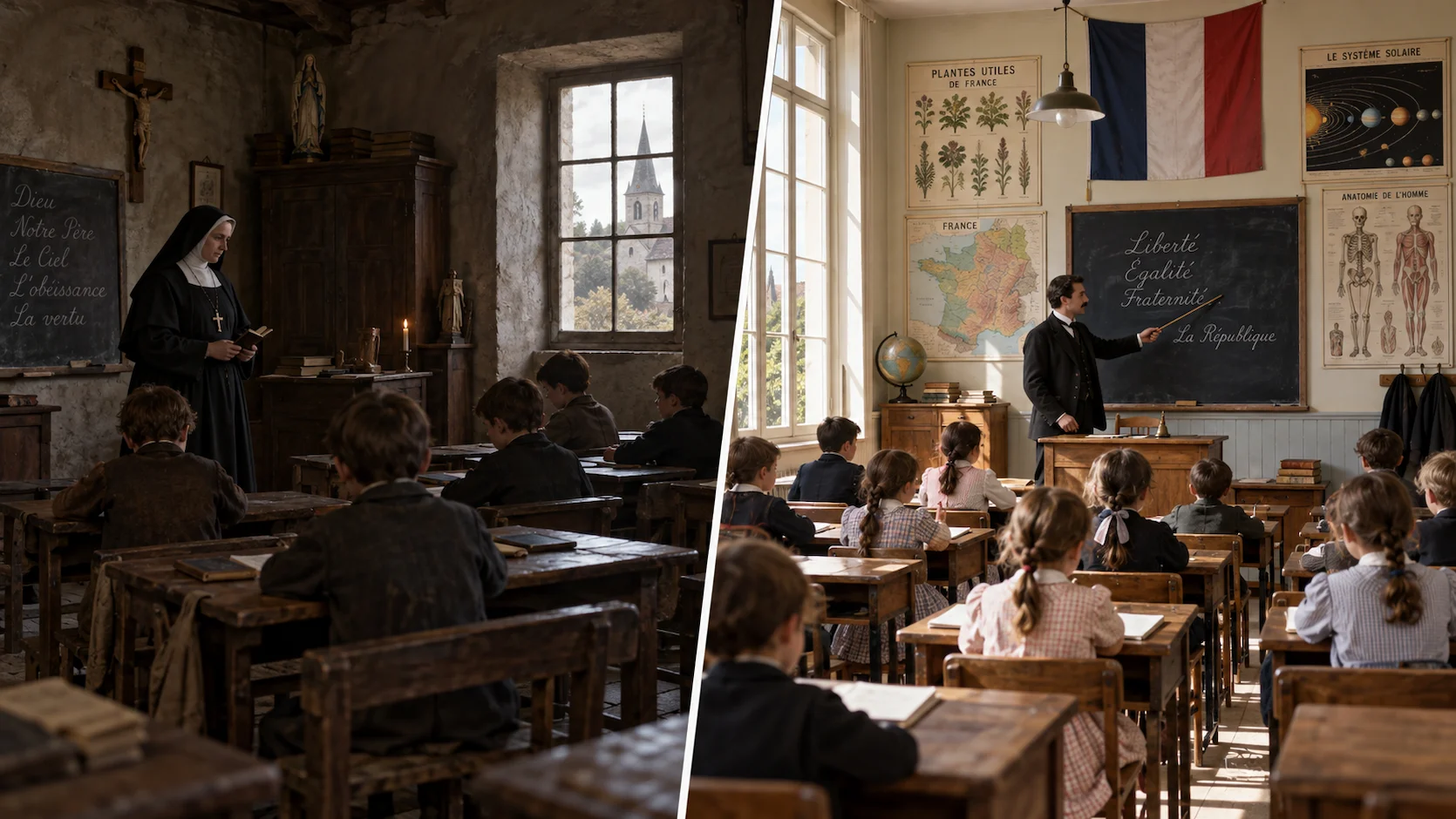 Image comparaison salle de classe sombre 1840 instituteur religieux et ecole republicaine lumineuse 1882 enseignant laic drapeau tricolore filles garcons