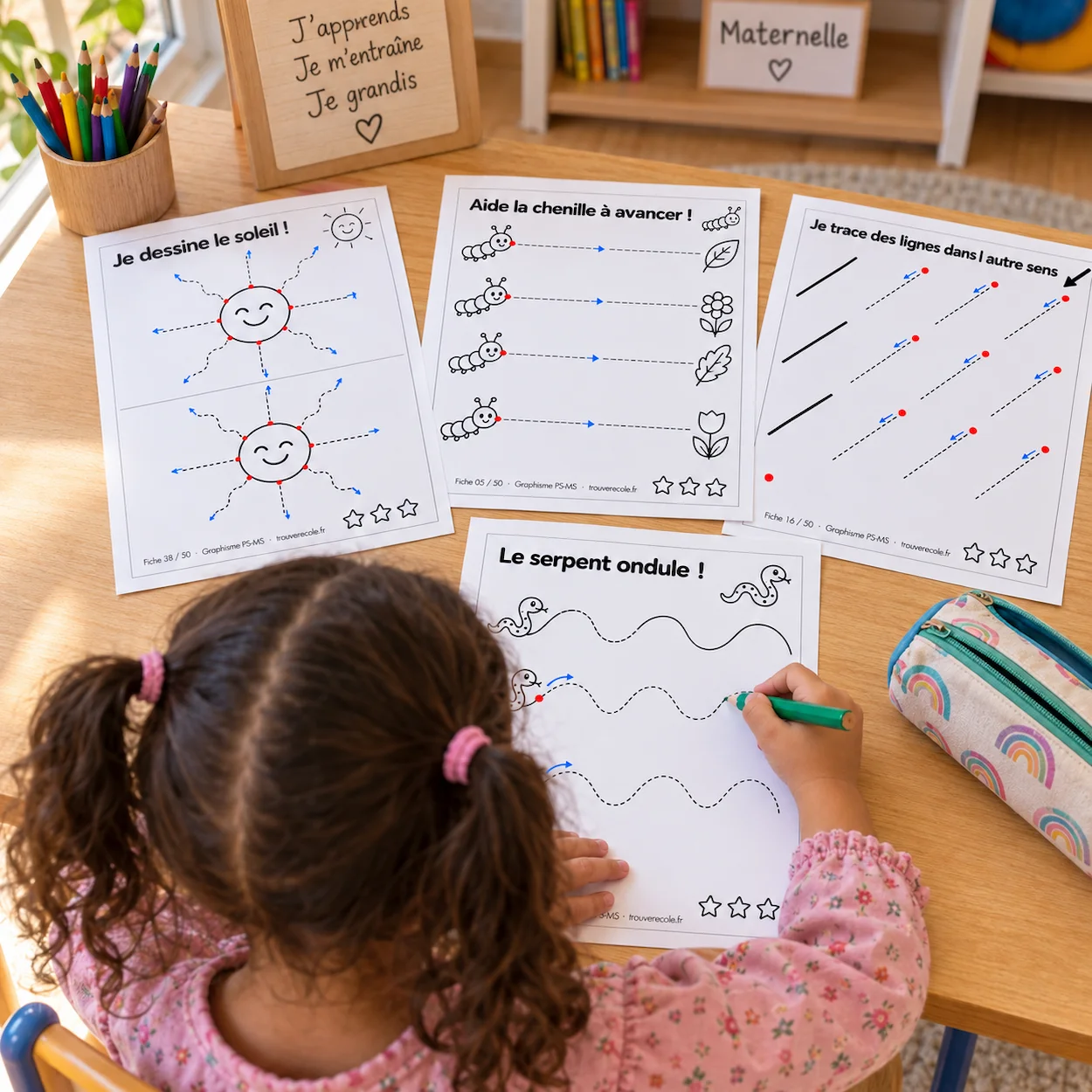 Flat-lay d une fiche de graphisme PS-MS imprimée avec des exercices de lignes et de vagues, un crayon triangulaire vert posé dessus