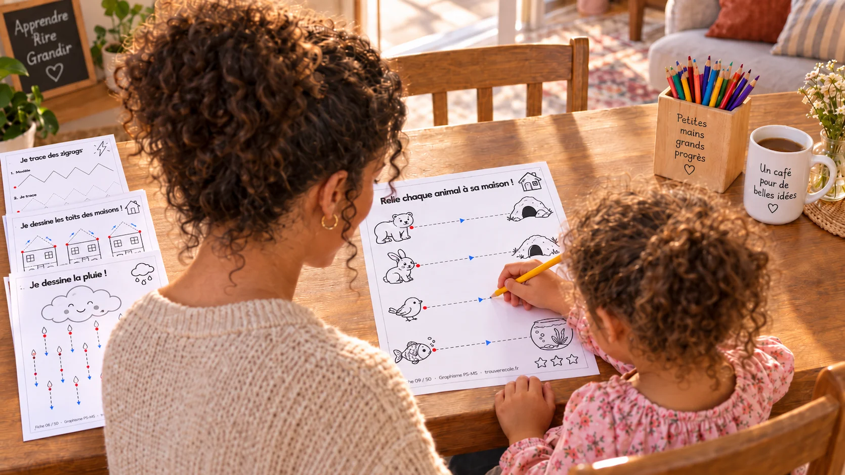 Grand-mère et petite fille de 4 ans travaillant ensemble sur une fiche de graphisme avec zigzags et spirales à une table de cuisine