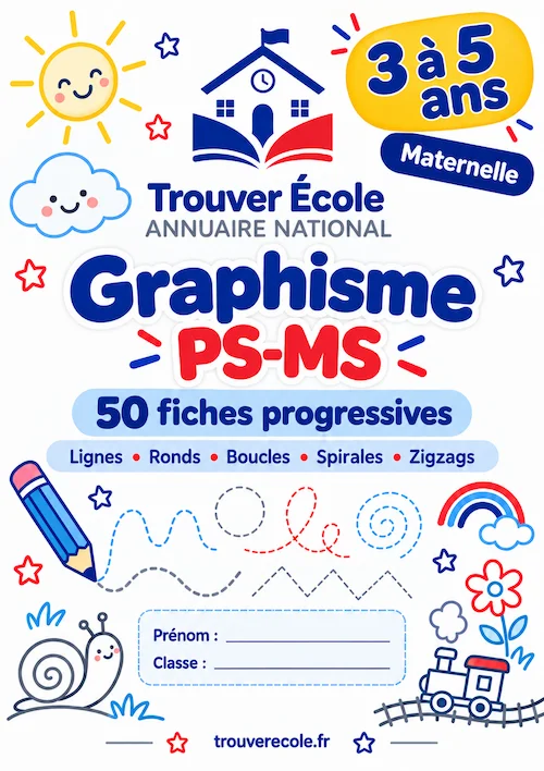 Aperçu des fiches de graphisme PS-MS : plusieurs pages imprimées montrant des exercices de lignes, courbes et zigzags