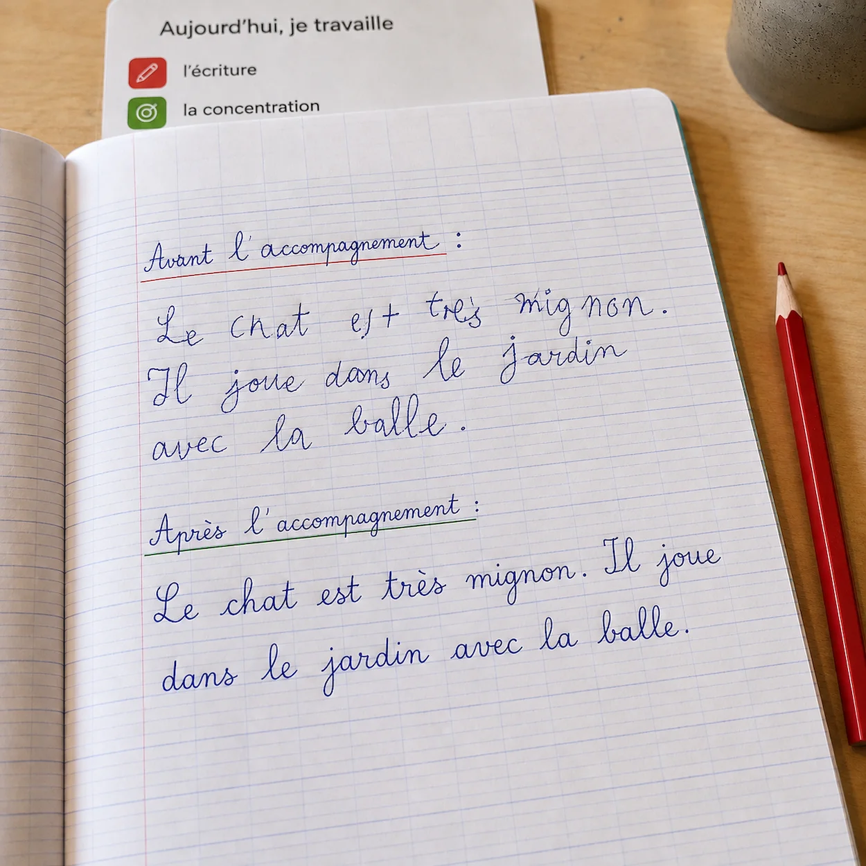 Cahier Seyès ouvert en séance de graphothérapie montrant deux lignes de cursive : une irrégulière et cramped avant la rééducation, une plus régulière et espacée après