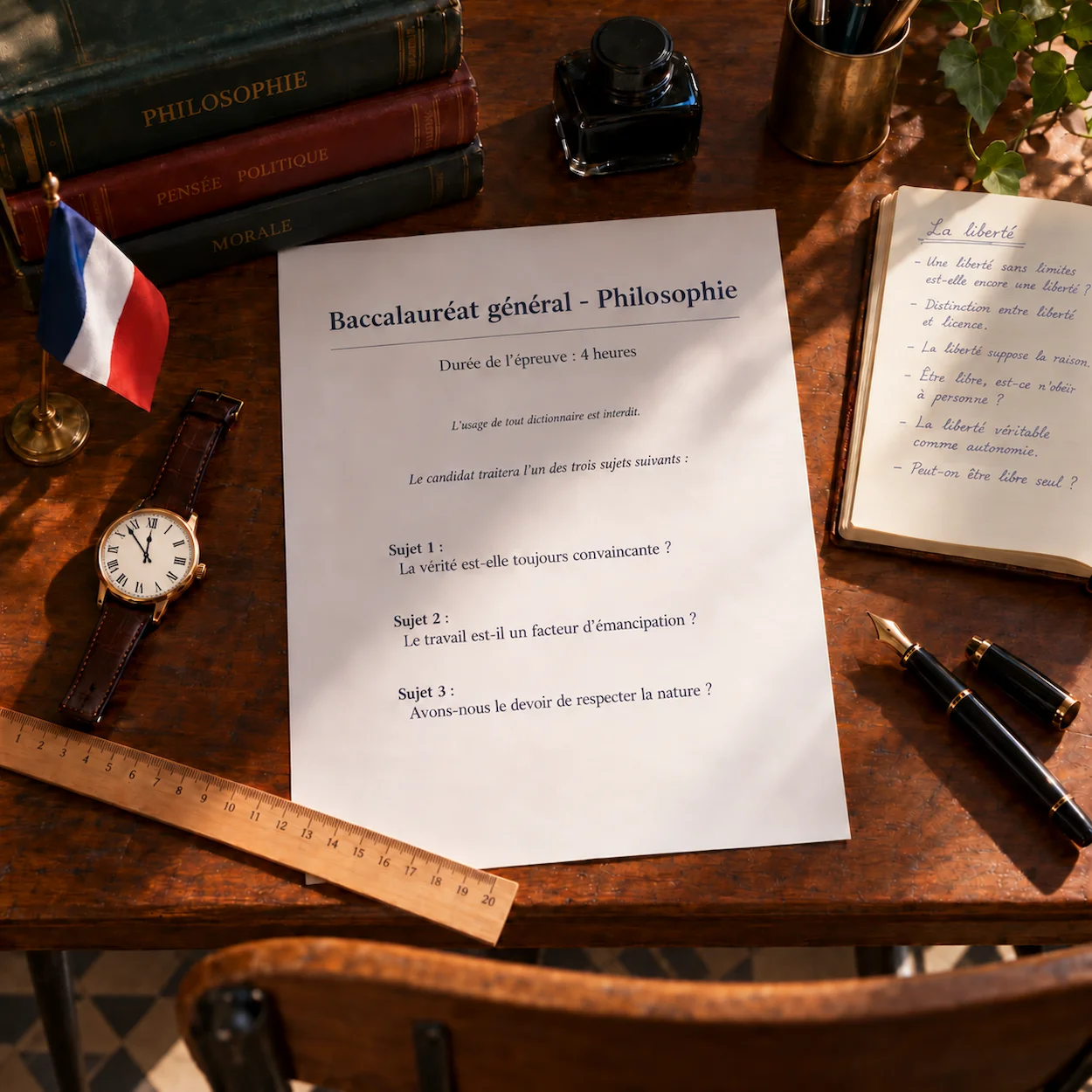 Copie baccalauréat général philosophie stylo plume montre bureau examen lycéen France