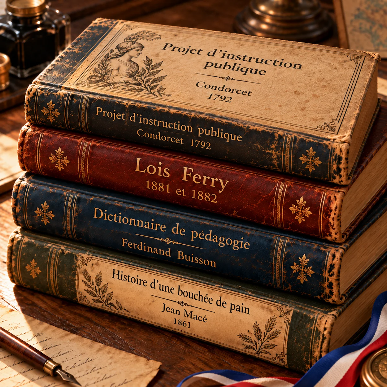 Flat-lay historique livres fondateurs ecole francaise Condorcet projet instruction publique 1792 Jules Ferry lois 1881 1882 Ferdinand Buisson dictionnaire pedagogie Jean Mace
