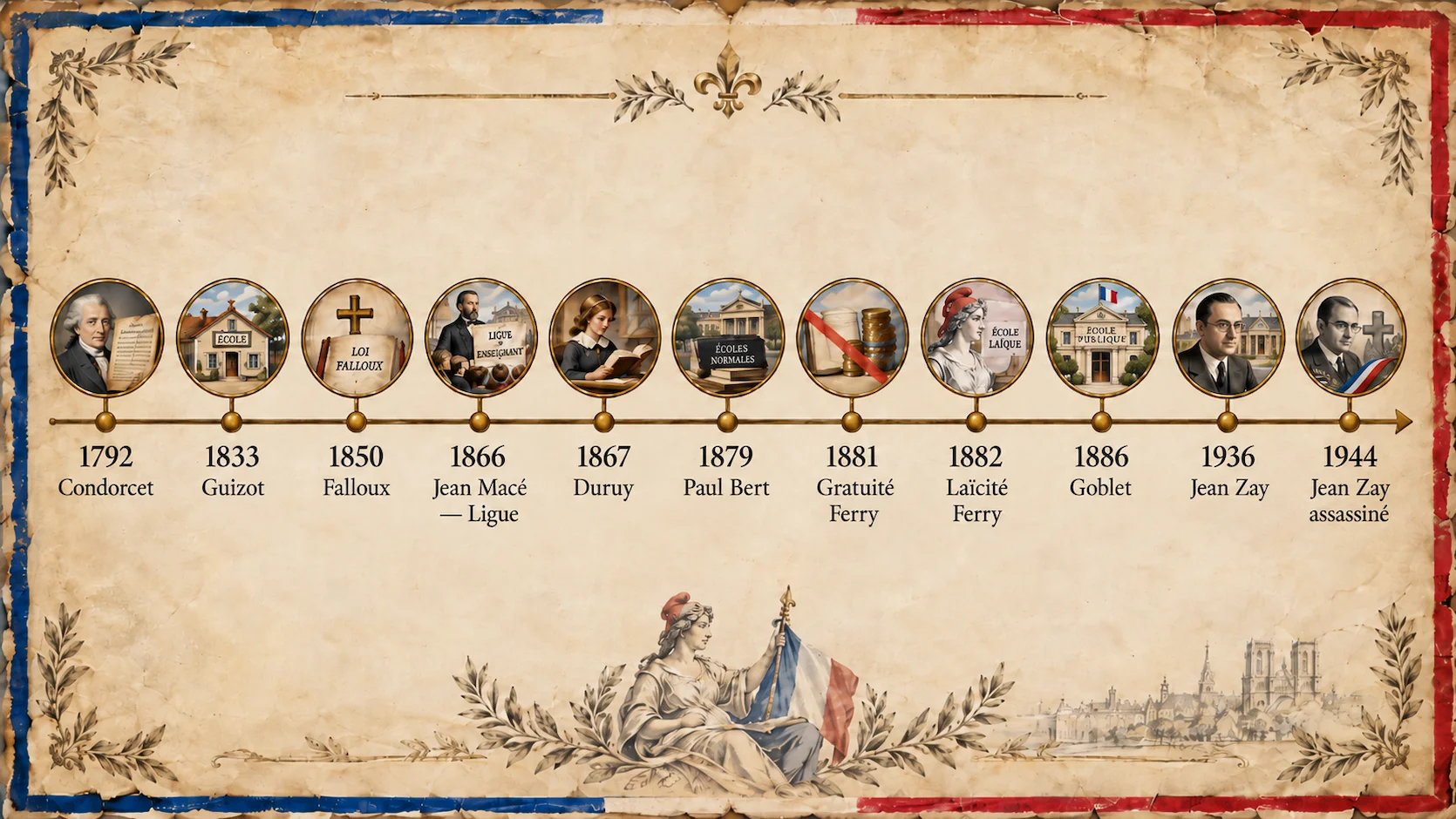 Timeline horizontale histoire ecole republicaine francaise de 1792 Condorcet a 1944 Jean Zay avec dates cles loi Guizot 1833 loi Ferry 1881 1882 Ligue enseignement Jean Mace 1866