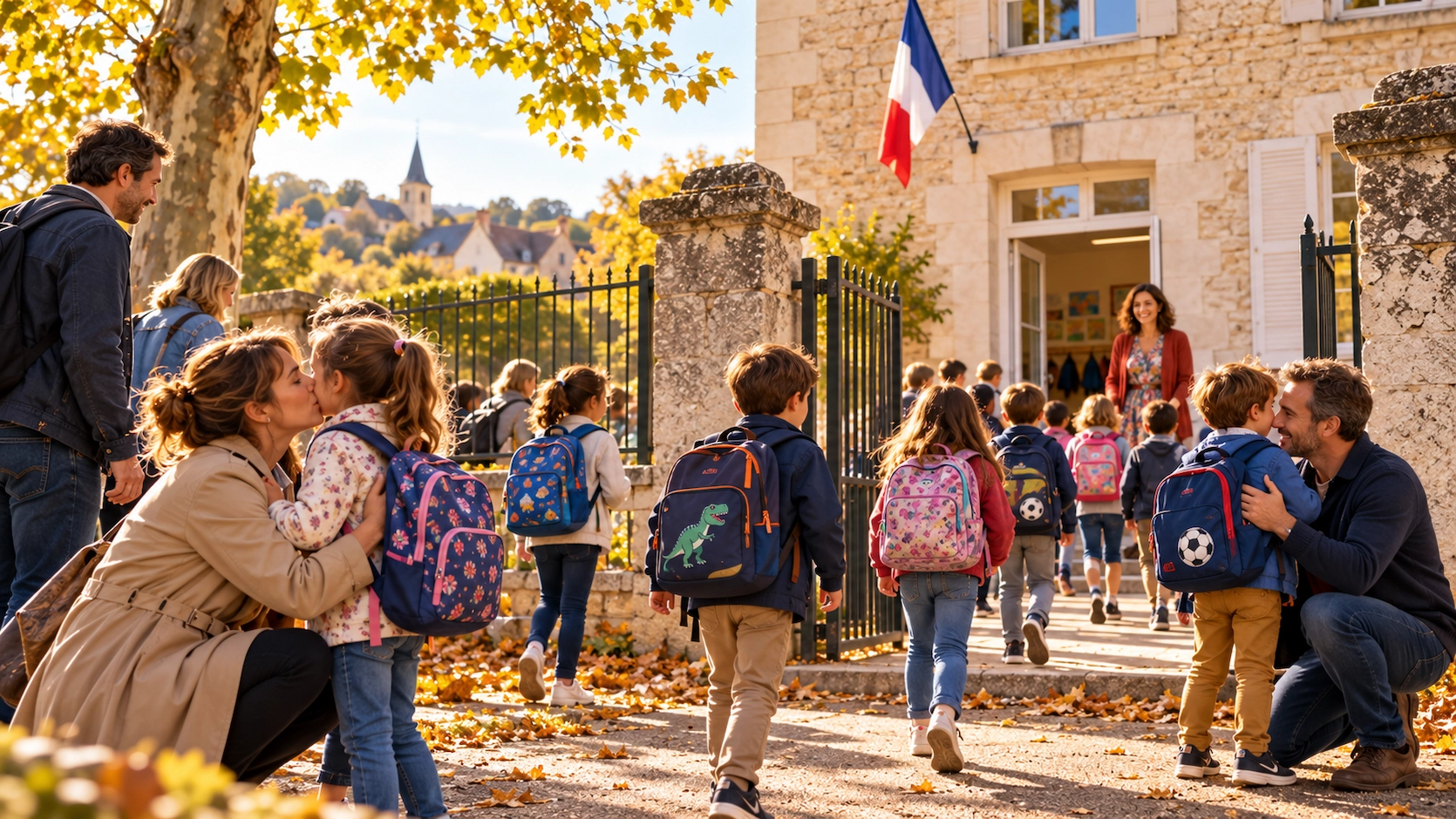 Rentrée scolaire septembre école primaire France parents enfants portail matin