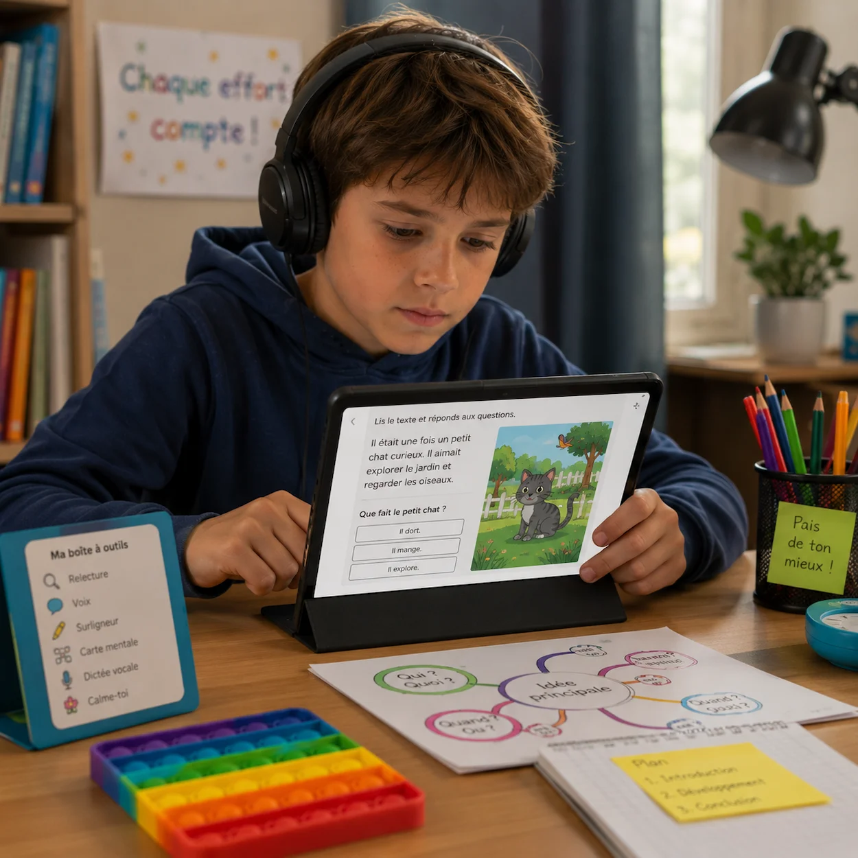 Enfant HPI DYS travaillant sur une tablette avec des outils numériques adaptés