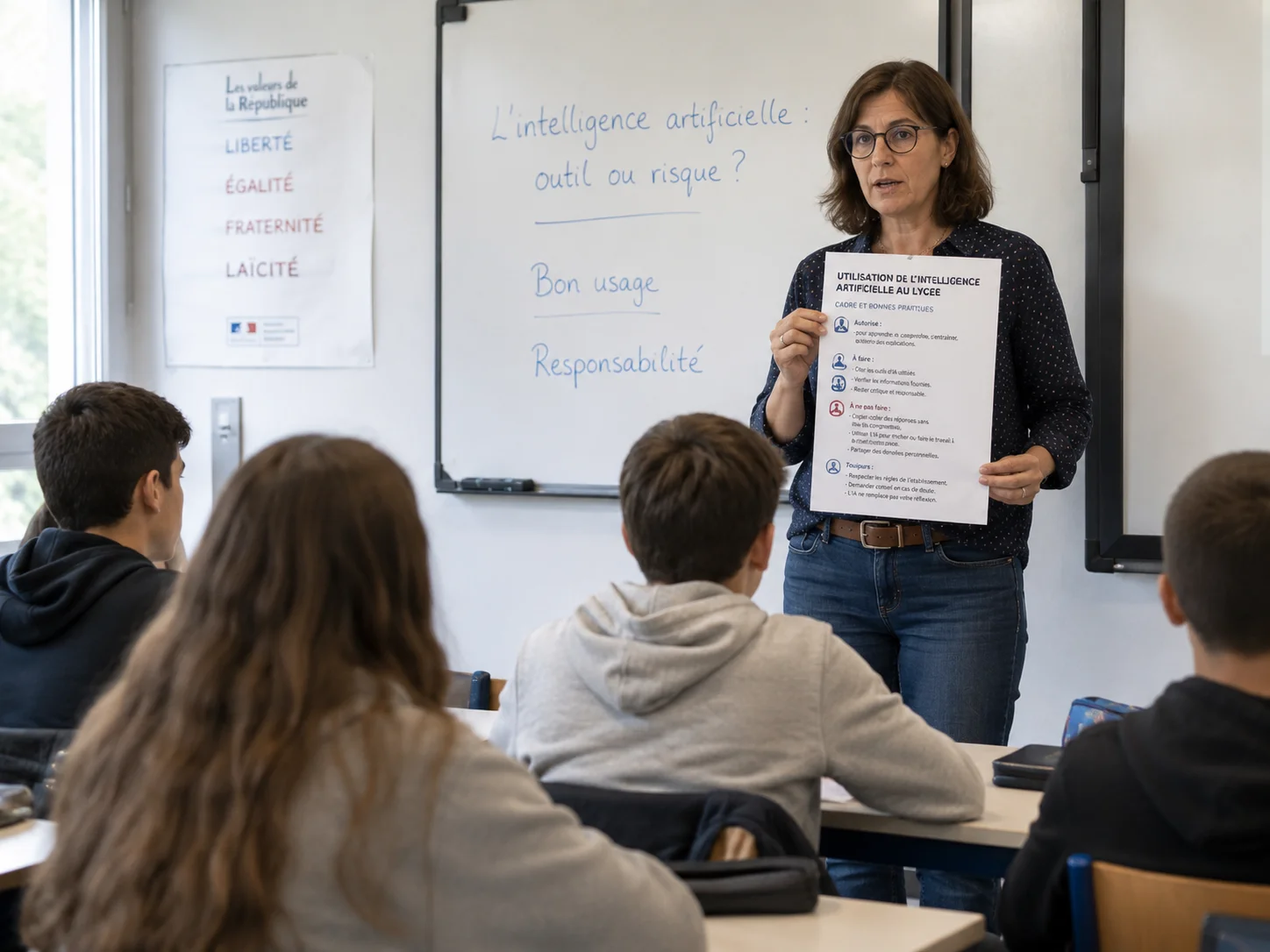 Un professeur français présente à ses élèves une charte d'utilisation de l'intelligence artificielle en classe dans un lycée moderne
