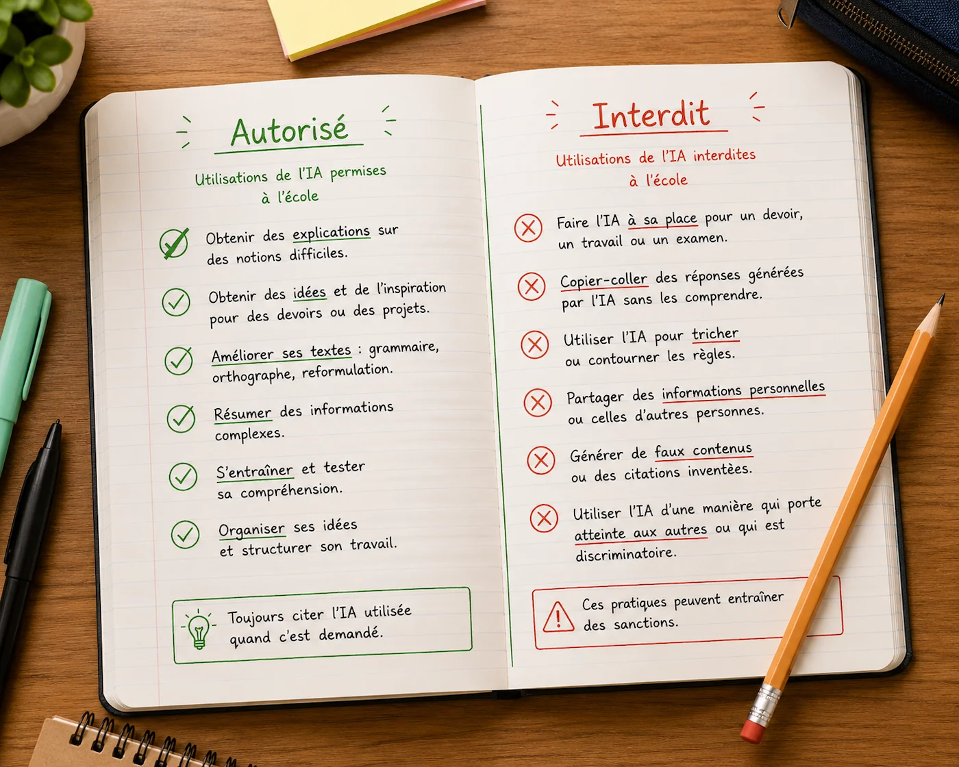 Cahier ouvert sur un bureau montrant deux colonnes : usages autorisés de l'IA à l'école avec des coches vertes, et usages interdits avec des croix rouges