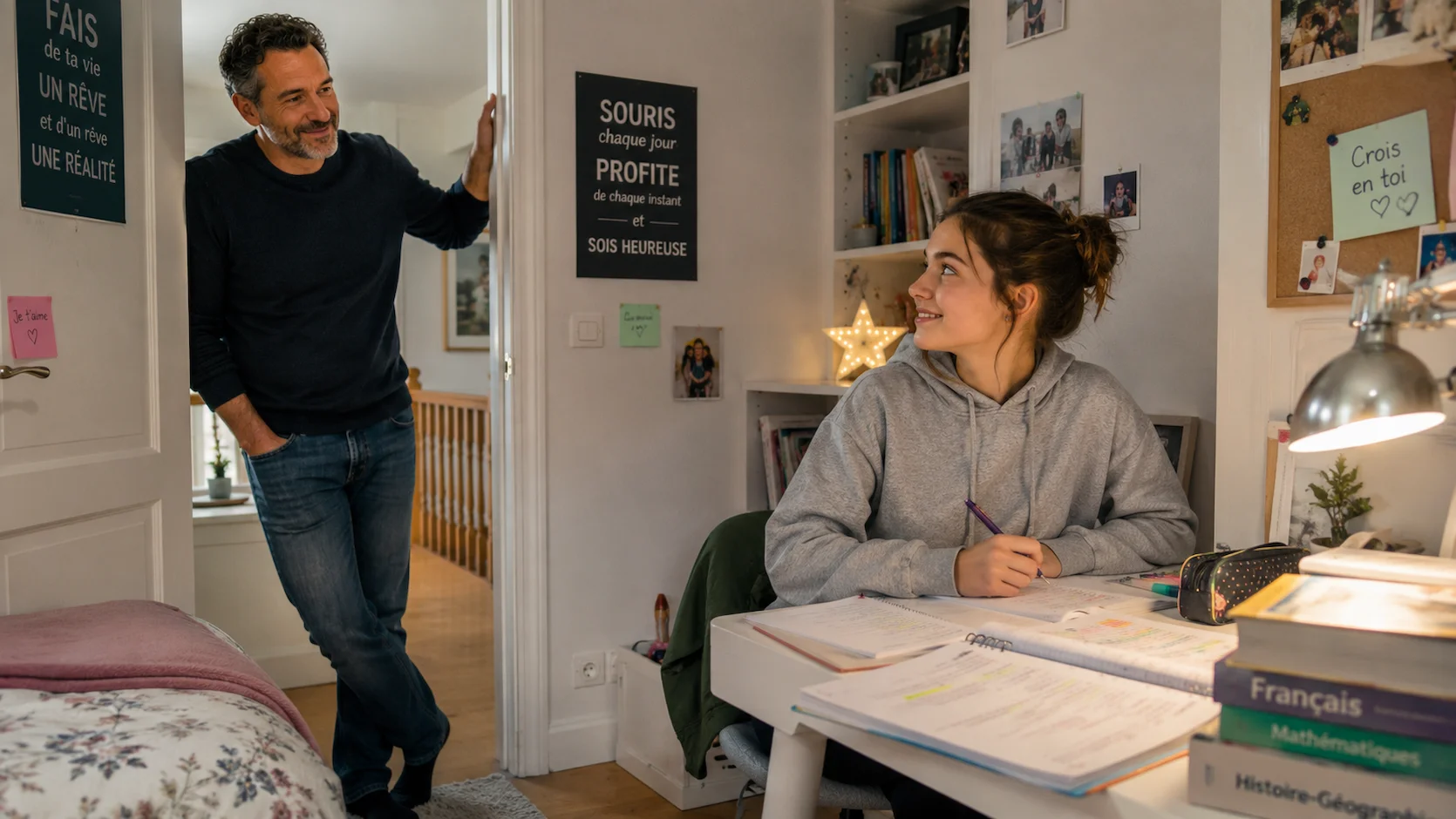 Père appuyé sur le cadre de la porte de la chambre de sa fille adolescente qui révise seule à son bureau, échange bref et non-intrusif avec un sourire