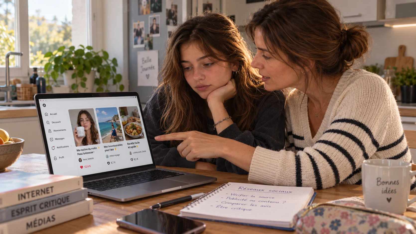 Parent et adolescent discutant ensemble devant un ordinateur portable avec des exemples de posts dinfluenceurs, dialogue ouvert sur les réseaux sociaux