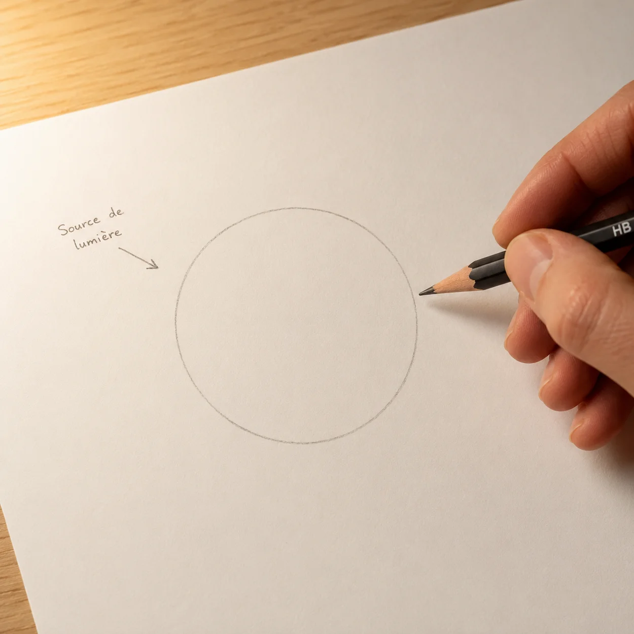 Étape 1 : cercle vide tracé au crayon HB sur papier blanc, avec une petite flèche indiquant la source de lumière en haut à gauche — base de la sphère 3D
