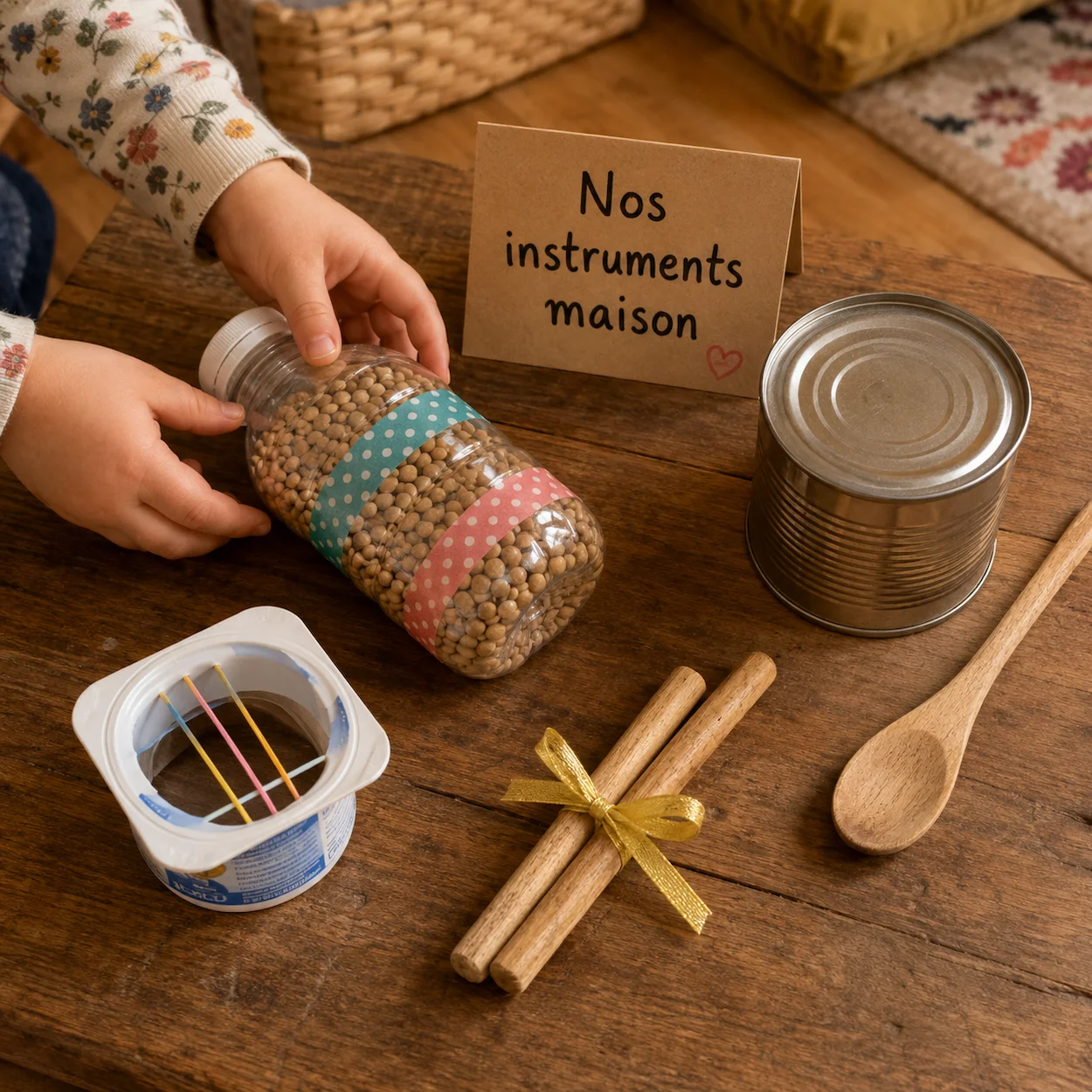 Collection d'instruments de musique faits maison — maracas en bouteille plastique avec lentilles, mini-guitare en pot de yaourt et élastique, petits bâtons de bois, tambour en boîte métal