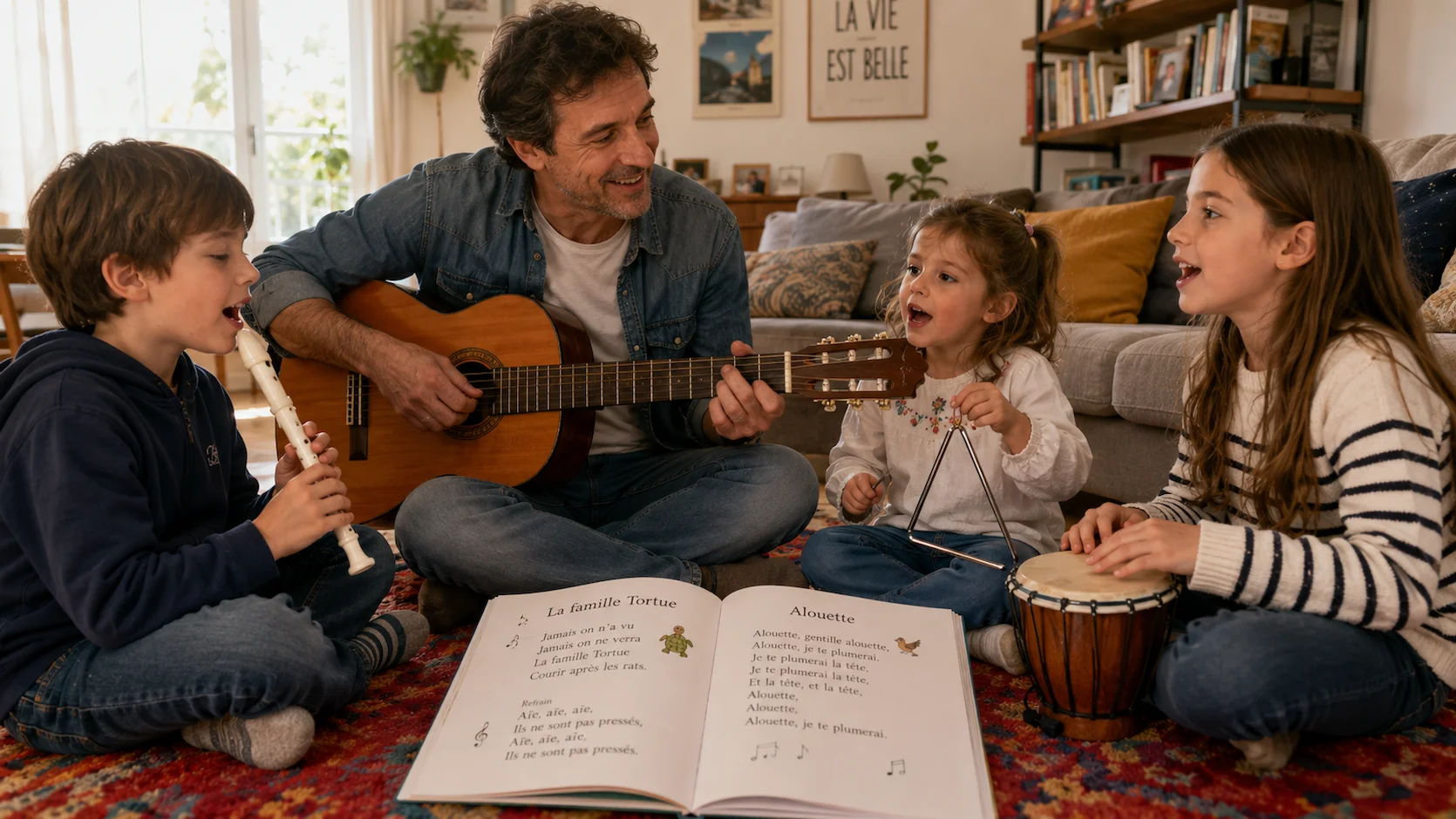 Père français organisant une session musicale avec ses trois enfants en cercle sur un tapis coloré dans le salon — recorder, petit tambour, triangle et guitare, carnet de chansons ouvert au sol