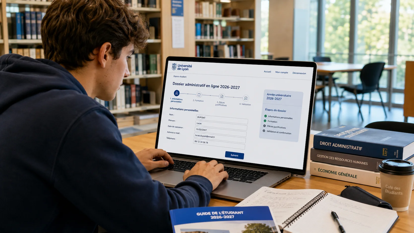 Étudiant assis dans une bibliothèque universitaire moderne, concentré devant un ordinateur portable, remplissant un formulaire d inscription administrative sur une page web université française