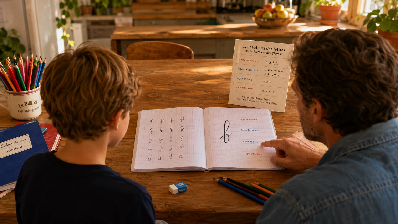 Père expliquant à son fils la hauteur de la lettre b cursive sur un cahier Seyès à la maison