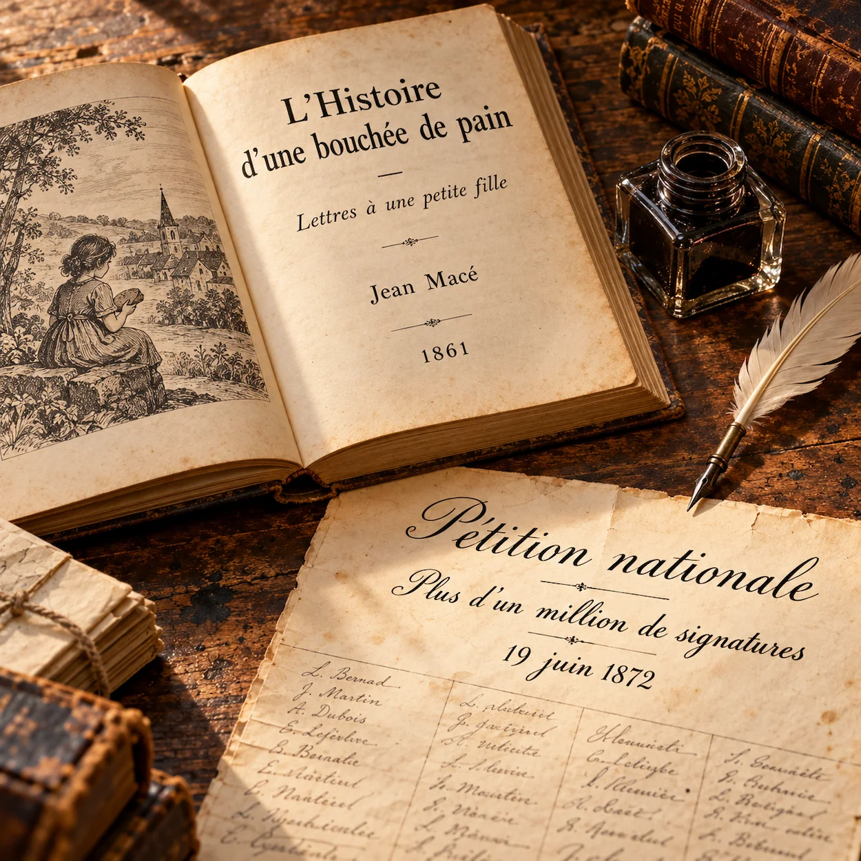 Flat-lay historique livre L Histoire d une bouchee de pain Jean Mace 1861 petition nationale plus d un million de signatures 19 juin 1872 plume encrier