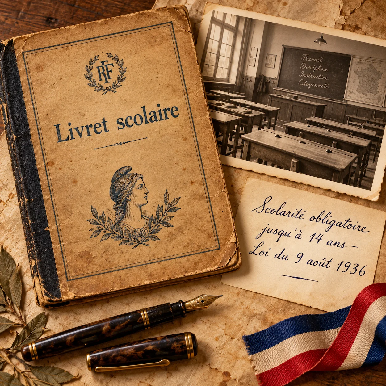 Flat-lay historique livret scolaire annees 1930 plume note manuscrite Loi du 9 aout 1936 scolarite obligatoire 14 ans