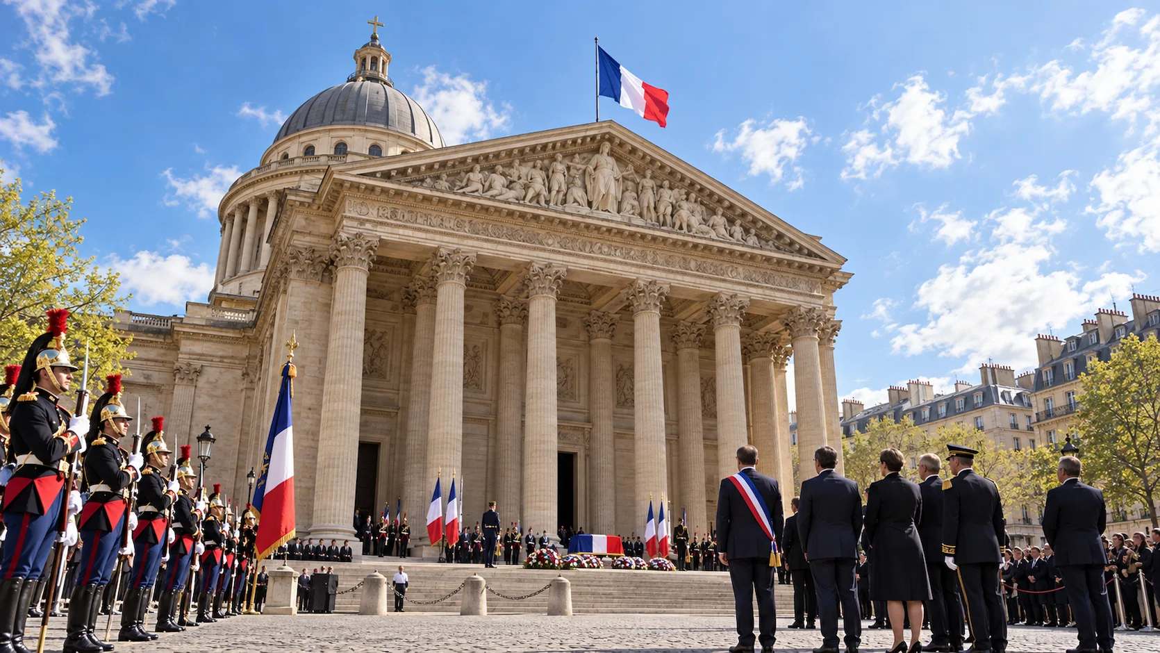 Ceremonie d'entree au Pantheon a Paris en mai 2015 facade du Pantheon et drapeau francais