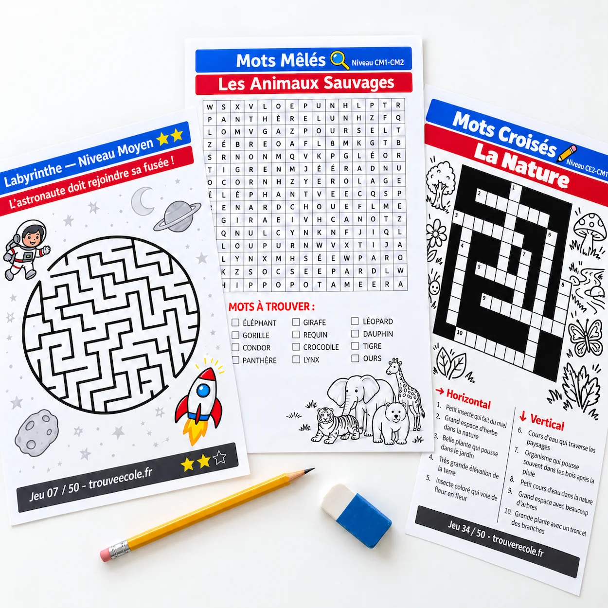 Flat-lay de trois pages de jeux imprimées en noir et blanc : un labyrinthe, une grille de mots mêlés et une grille de mots croisés