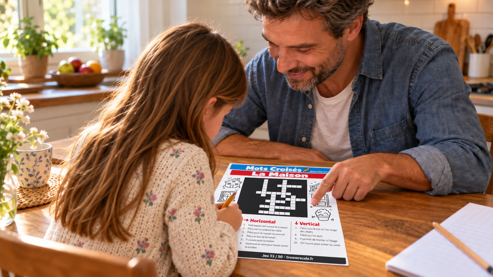 Père de 40 ans et sa fille de 9 ans consultant ensemble une grille de mots croisés imprimée à la table de cuisine, le père pointant une définition