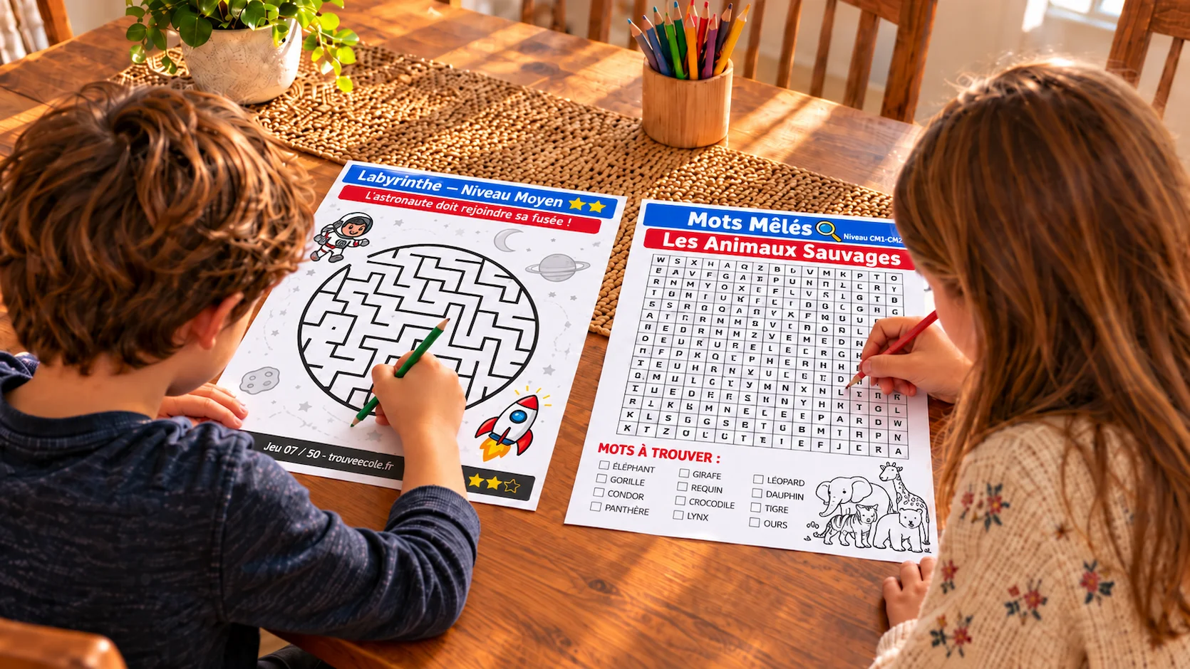 Jeux calmes à imprimer : labyrinthes, mots mêlés et mots croisés gratuits en PDF