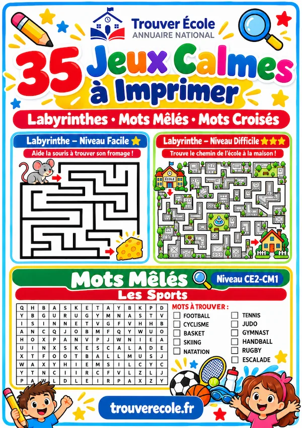 Aperçu des 35 jeux calmes imprimés : un labyrinthe, une grille de mots mêlés et une grille de mots croisés, avec un crayon