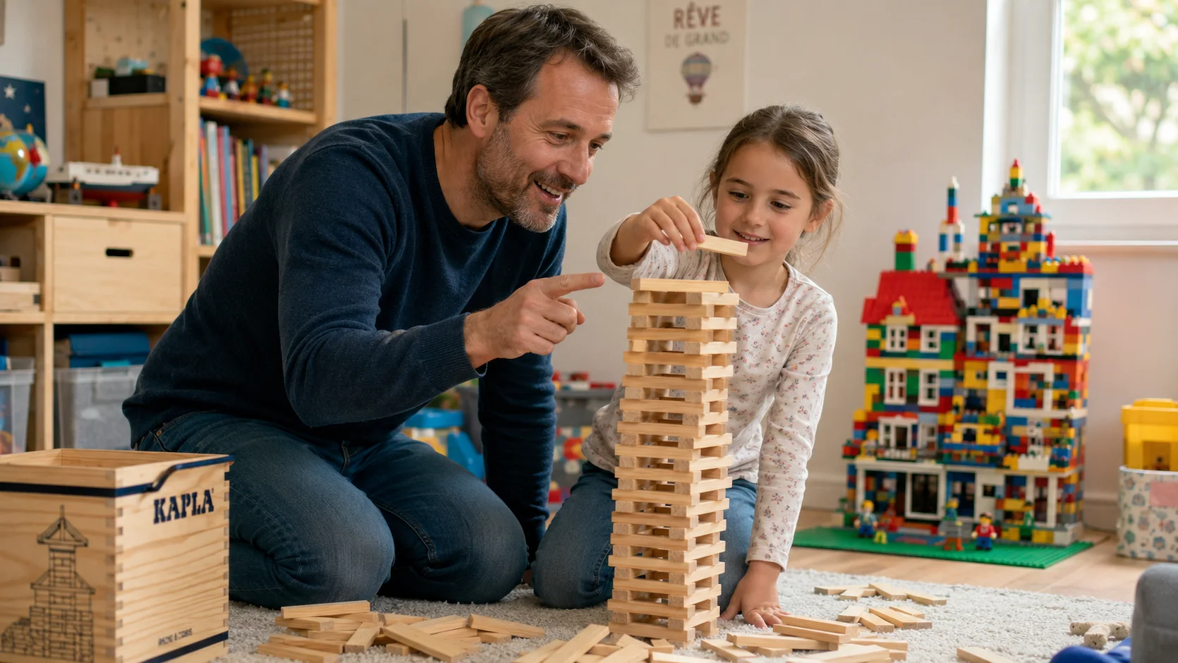 Père et fille construisant ensemble une tour Kapla dans une salle de jeux à la maison