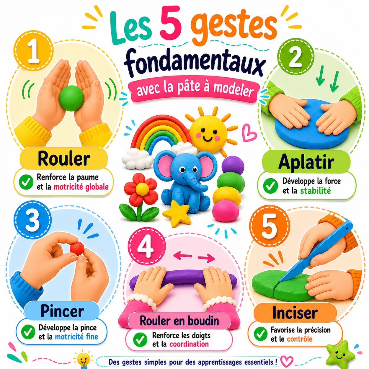 Infographie pédagogique illustrant les 5 gestes fondamentaux avec la pâte à modeler pour enfants : rouler une boule, aplatir, pincer, rouler en boudin et inciser