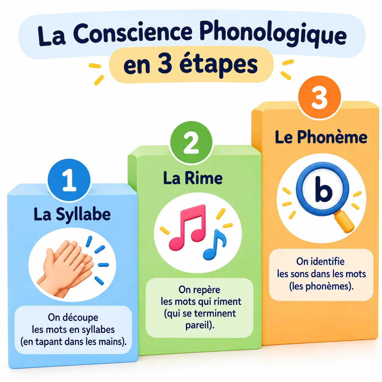 Infographie pedagogique sur la conscience phonologique en 3 etapes : Etape 1 bleue La Syllabe avec icone main qui frappe, Etape 2 verte La Rime avec note de musique, Etape 3 orange Le Phoneme avec loupe sur une lettre. Titre : La Conscience Phonologique en 3 etapes.