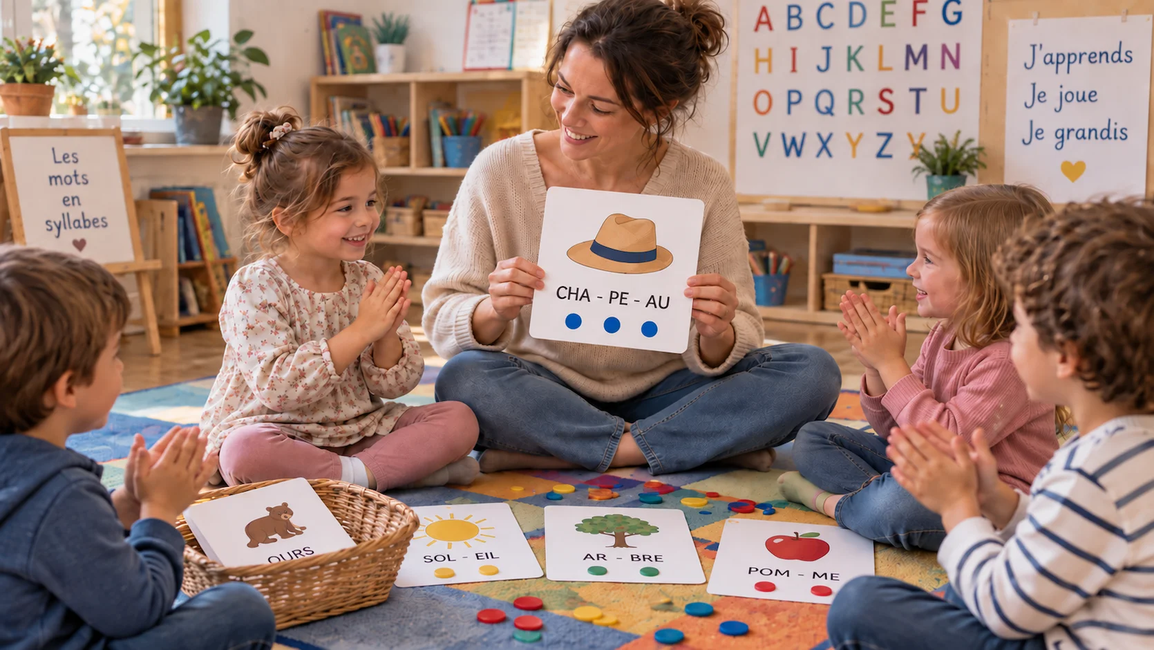 Enseignante de maternelle francaise d une quarantaine d annees tenant une grande carte image d un chapeau devant 4 enfants de 5-6 ans assis en cercle sur un tapis colore, frappant des mains pour compter les syllabes en souriant. Panier de cartes images et jetons colores au sol. Affiches alphabet en arriere-plan.