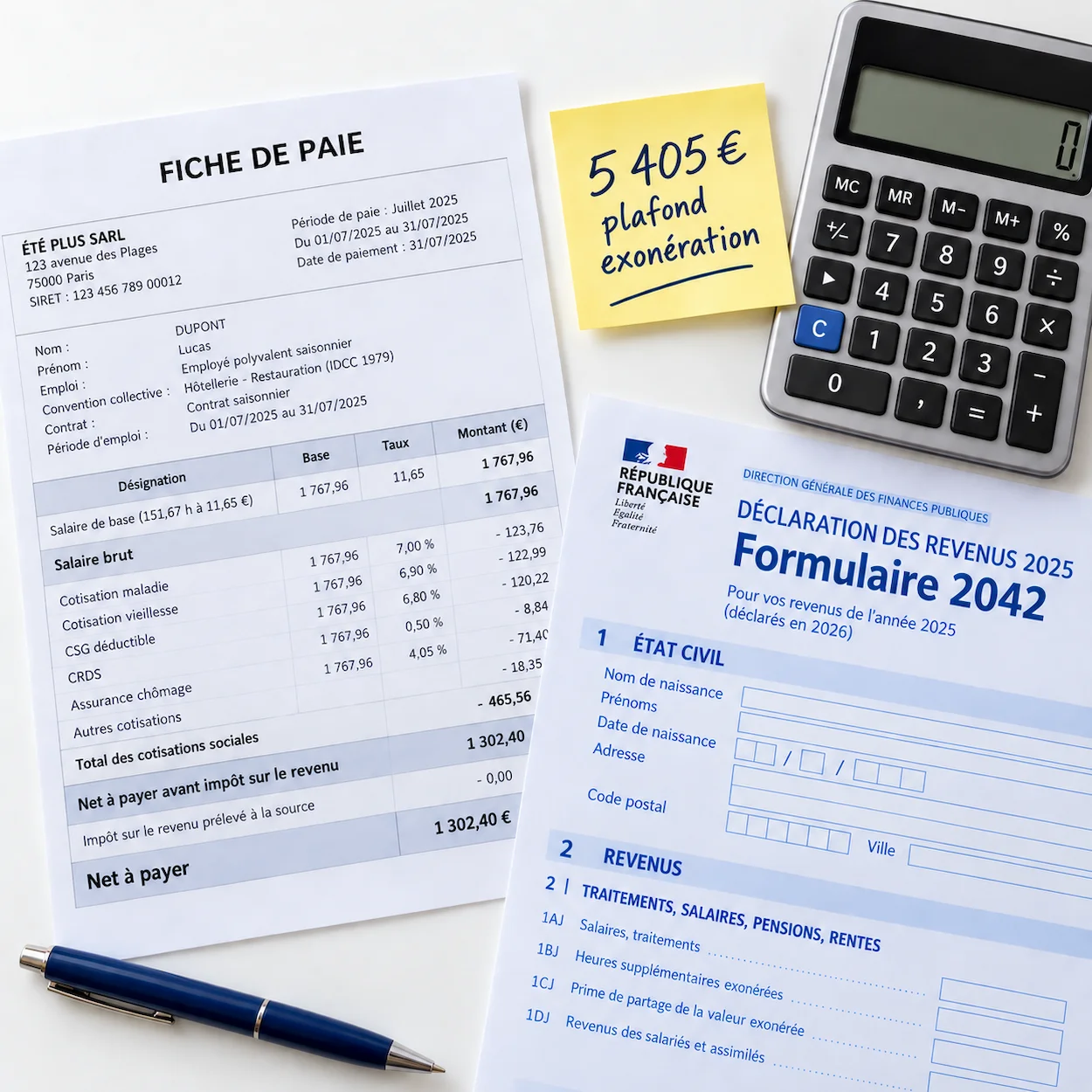 Gros plan d''un bureau avec une fiche de paie de job étudiant, une calculatrice, un stylo, un post-it ''5 405 € plafond exonération'' et un formulaire 2042 — sans personnages